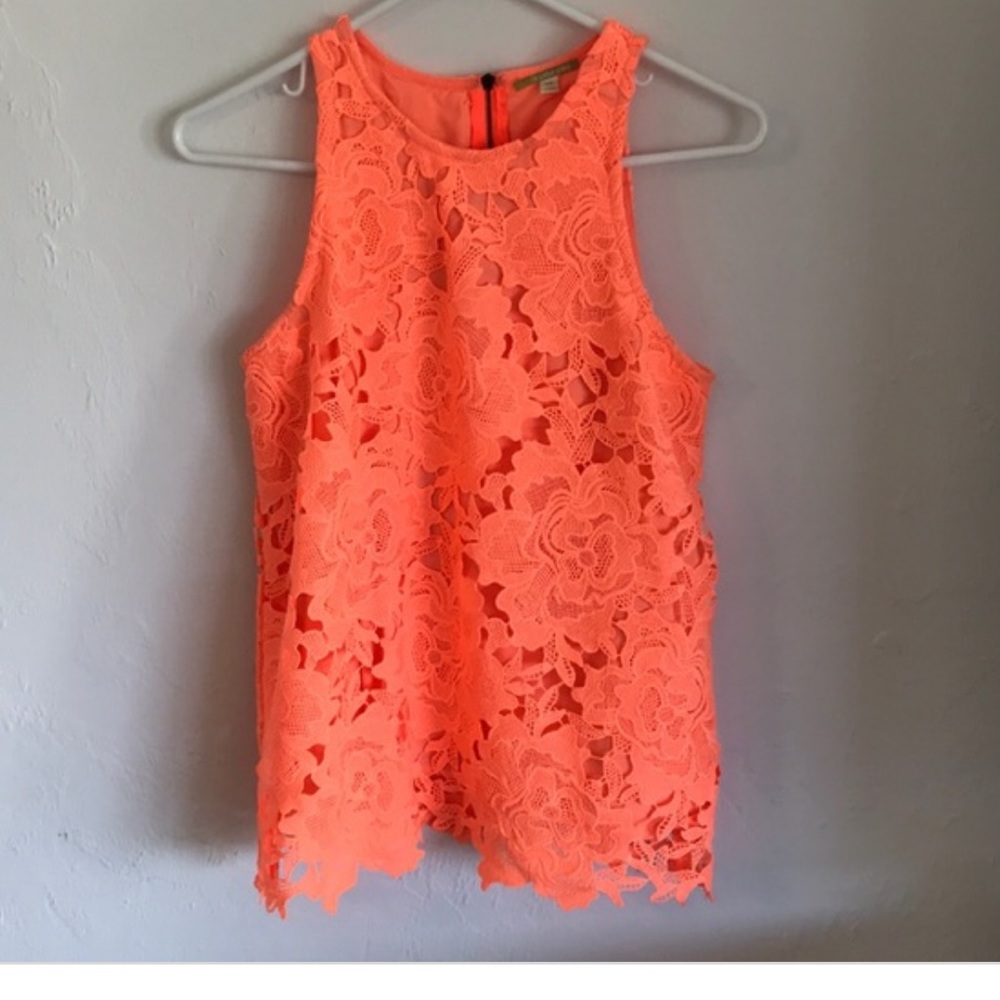 Gianni Bini Neon Orange Floral Lace Tank Top